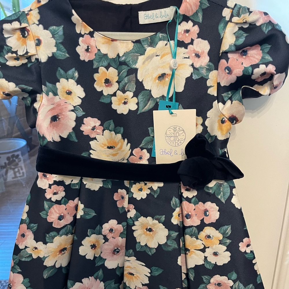 Abel & Lula Floral Kids Dress with Navy Blue and Pink Accents